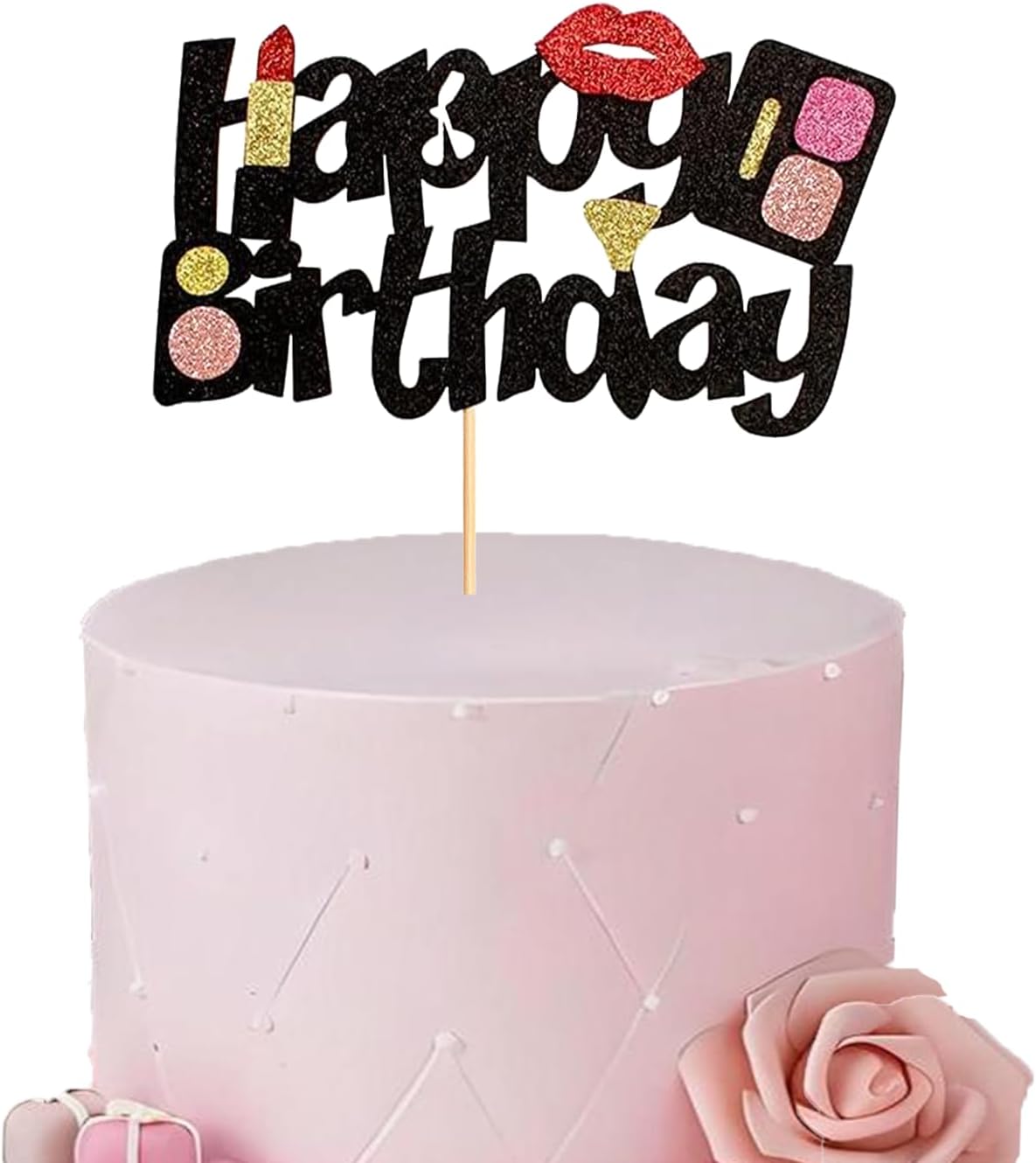 1PCS Makeup Happy Birthday Cake Topper Lipstick Lip Eyeshadow Glitter Cake Topper Decoration for Bridal Shower Women Makeup Theme Party Birthday Party Supplies