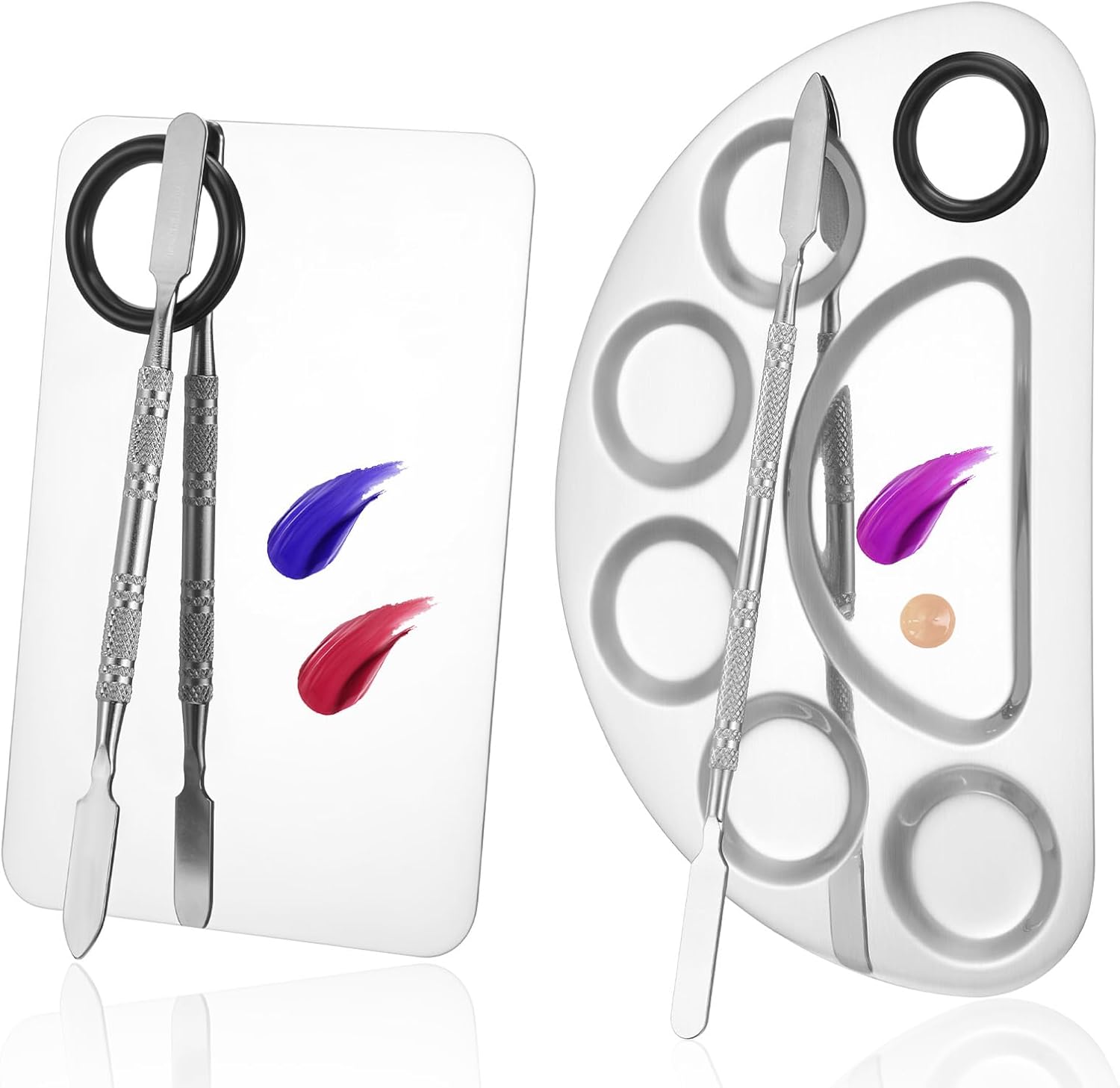 2 Set Metal Makeup Mixing Palette with Spatula, Stainless Steel Cosmetic Artist Tool Palette Reusable Beauty Tools for Foundation Mix, Facial Cosmetic, Nail Art (Sliver)