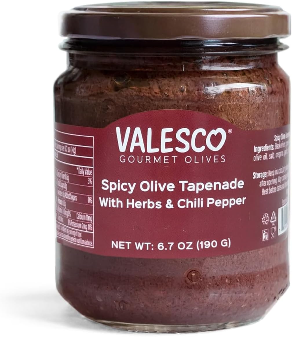VALESCO Spicy Olive Tapenade with Herbs & Chili Pepper - Gourmet Spread for Dips, Bruschetta, and Pasta Dishes (6.7 fl oz)