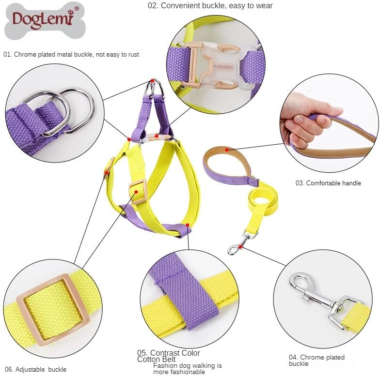 Rainbow Multi-Colour Dog Harness and Leash Set, Adjustable Easy to Wear Dog Harness and Leash Set (Brown Blue,Small)