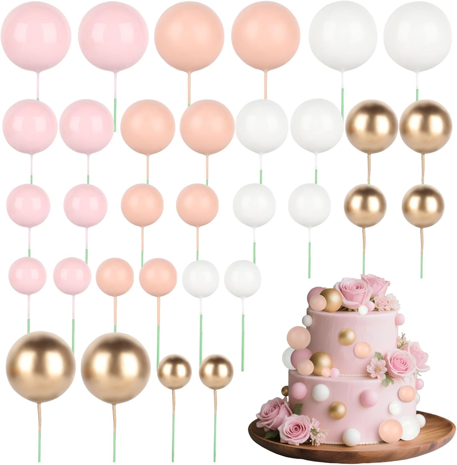 32 Pcs Balls Cake Topper Decorations Mini Balloons Cupcake Topper Sticks DIY Cupcake Insert Foam Balloons for Cake Baking Wedding Anniversary Birthday Decoration(Pink Series, White, Gold,Multi Sizes)