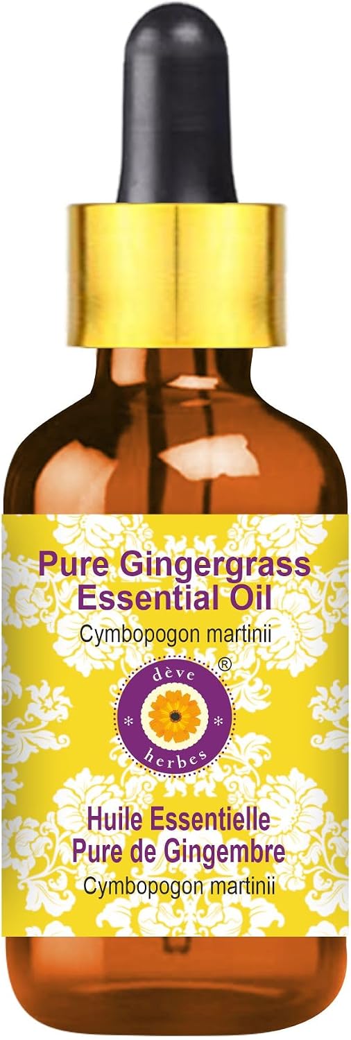 Deve Herbes Pure Ginger Grass Essential Oil (Cymbopogon martinii) with Glass Dropper Steam Distilled 15ml (0.50 oz)