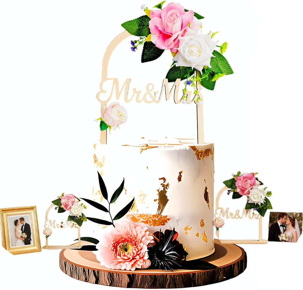 Wooden Wedding Cake Topper - Mr & Mrs Floral Arch Design - Handcrafted Rustic Cake Decoration & Home Decor Keepsake - Gift Box Included for Anniversary, Bridal Shower