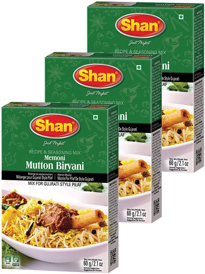 Shan Memoni Mutton Biryani Masala 2.11 oz (60g) - Gujarati Style Biryani Spice Mix for Authentic Mutton Pilaf - Biryani Masala Powder for Indian Spices Lovers – Airtight Box (Pack of 3)