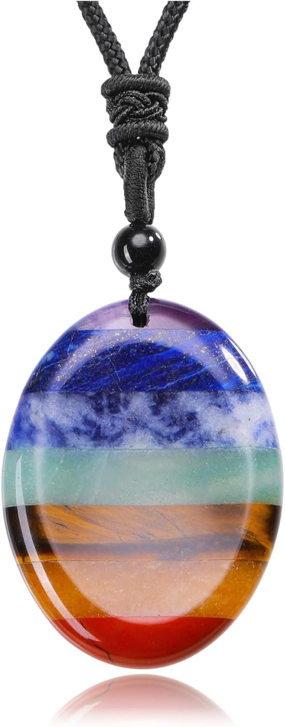 Jovivi Natural 7 Chakras Healing Crystals Necklace Oval Gemstone Palm Worry Stone Chakra Pendant Necklace for Anxiety Stress Relief Balancing Meditation