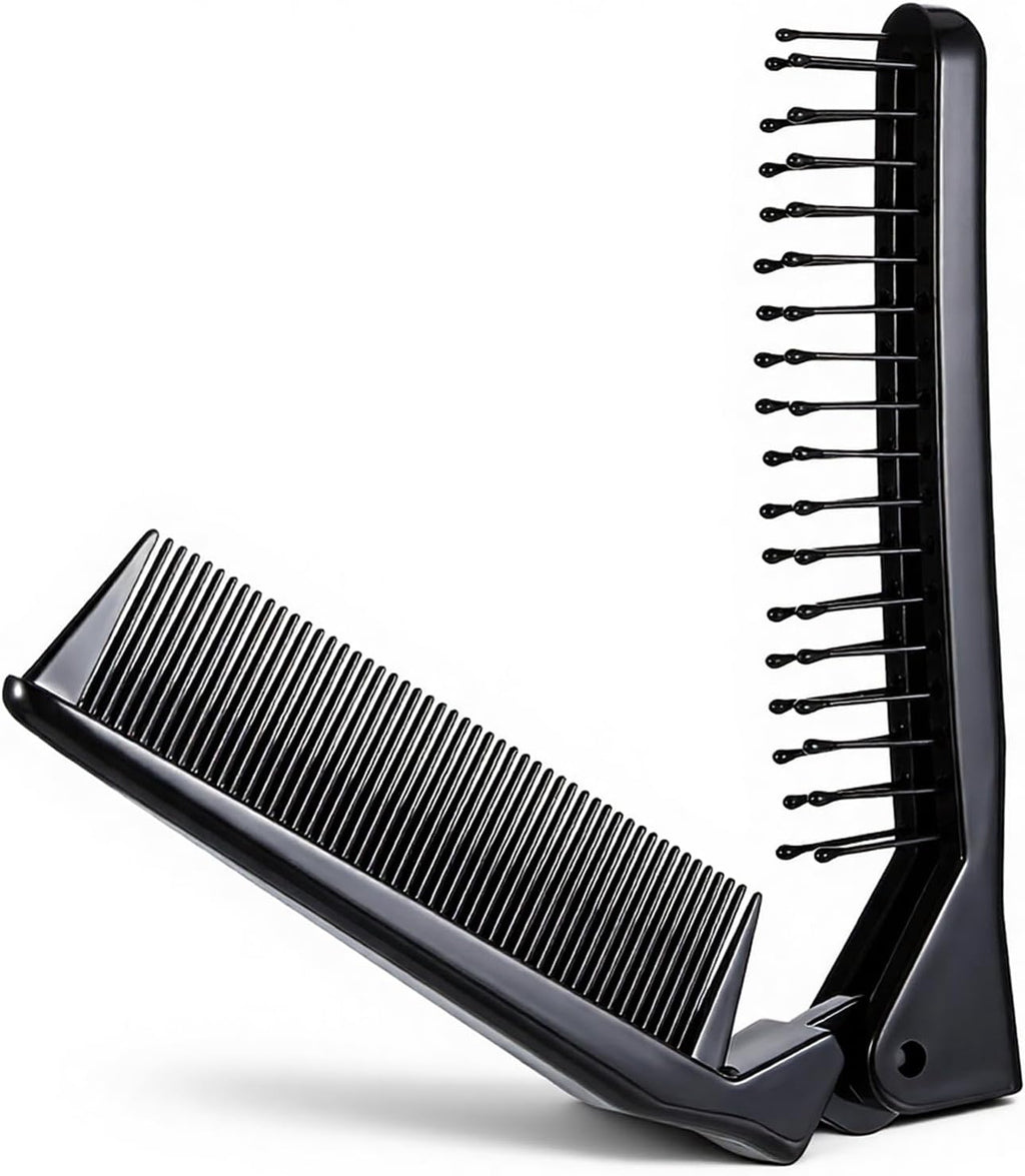 Double Teeth Folding Comb, Portable Travel Folding Hair Brush Compact Pocket Double Headed Hair Brush Anti-static Combs Mini Pocket Comb for Thick & Thin Hairs (Black)