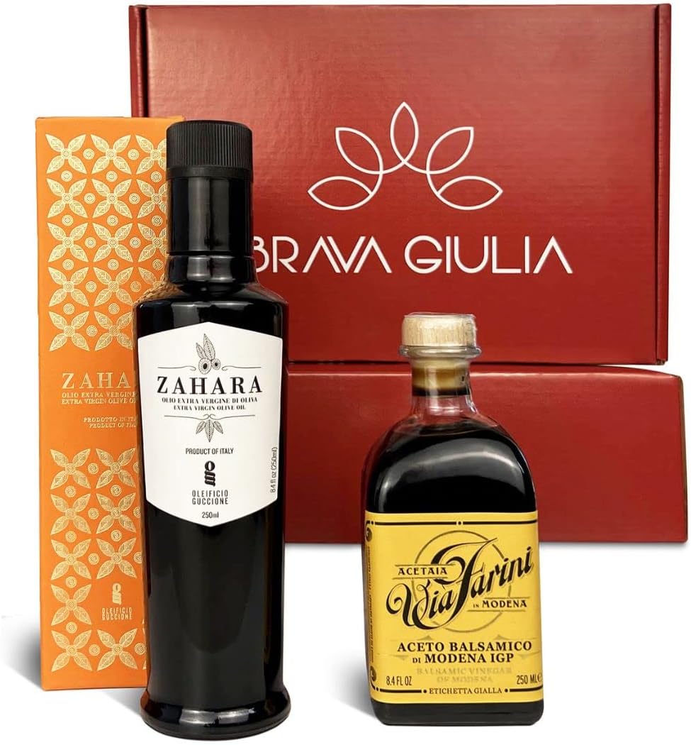 Brava Giulia Gift Box – Sicilian Cold Pressed Extra Virgin Olive Oil and Aged Balsamic Vinegar of Modena – Imported from Italy – 2 Bottle Set (8.45 fl oz Each)