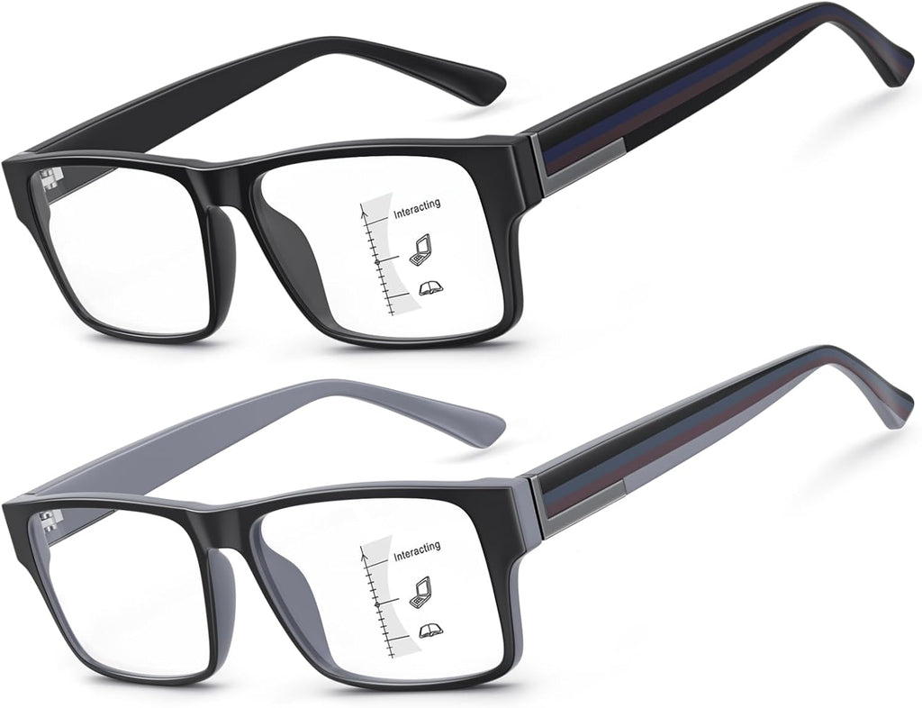 SKYOAK Excellent TR90 Unbreakable Progressive Multifocus Reading Glasses for Men, Thick Frame Anti Blue Light/UV Readers, 2 PACK Quality Chunky Computer Glass No-Line Multifocal Eyeglasses C1, +1.25x