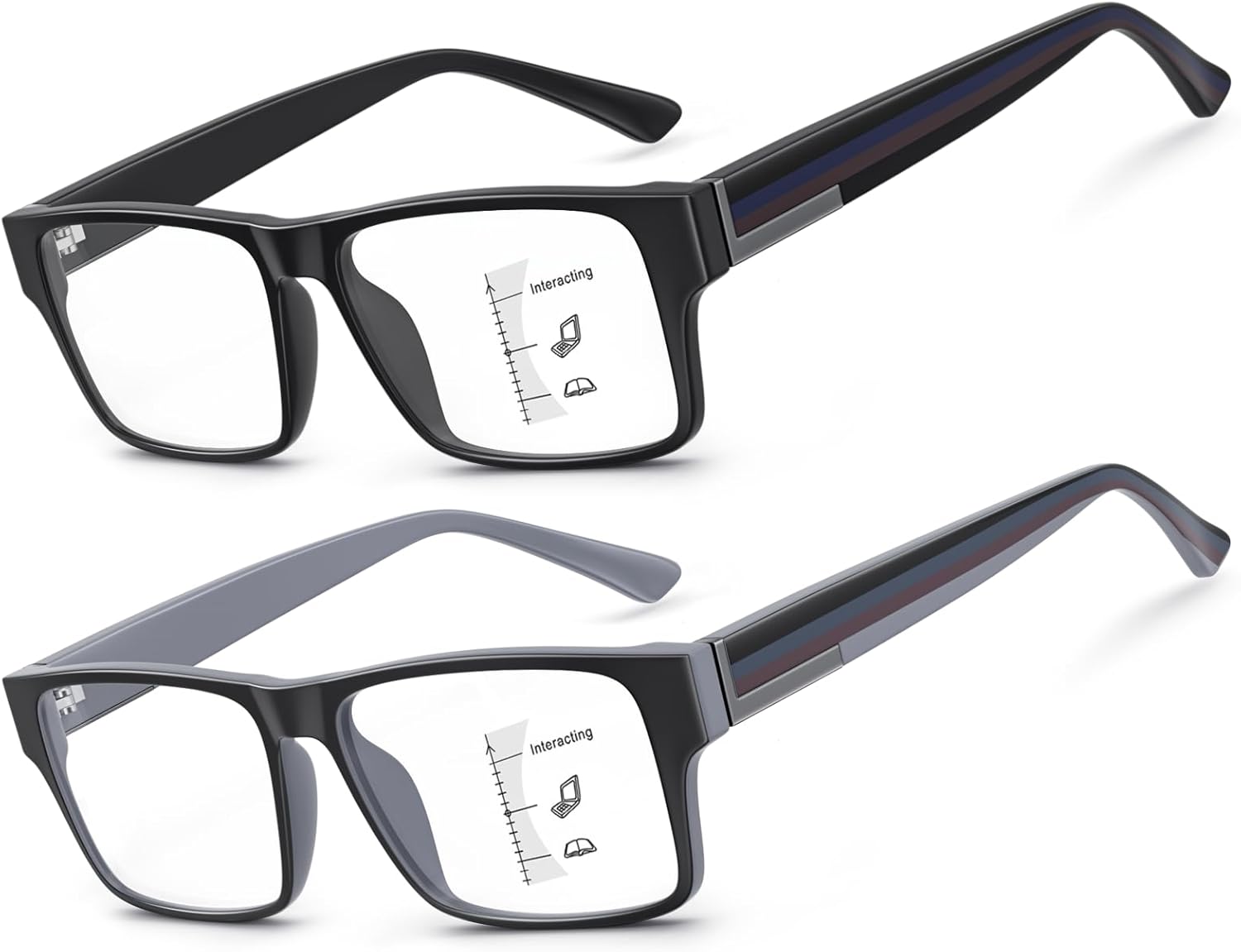 SKYOAK Excellent TR90 Unbreakable Progressive Multifocus Reading Glasses for Men, Thick Frame Anti Blue Light/UV Readers, 2 PACK Quality Chunky Computer Glass No-Line Multifocal Eyeglasses C1, +2.5x