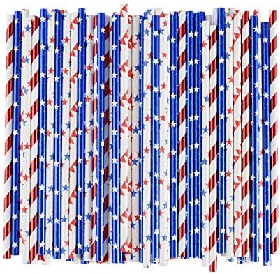 ALINK American Flag Red Blue White Paper Straws, 100 Straws for Memorial Day /4th of July, Super Bowl, Patriotic Party, Americana Themed Party Celebration