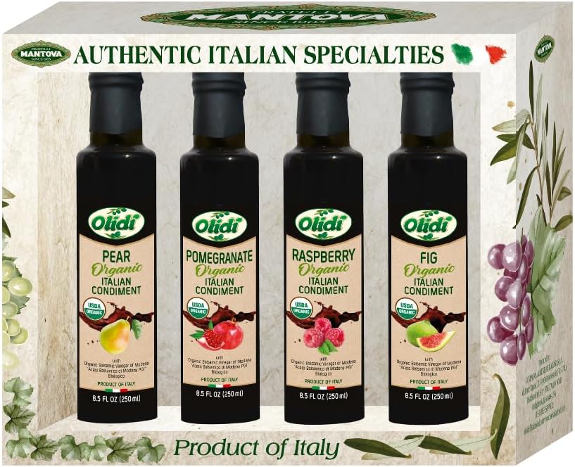 Olidi Organic Balsamic Vinegar Of Modena Variety Set - Fig/Pear/Raspberry/Pomegranate, (Pack of 4) - For Cooking, Salads, and Gifting