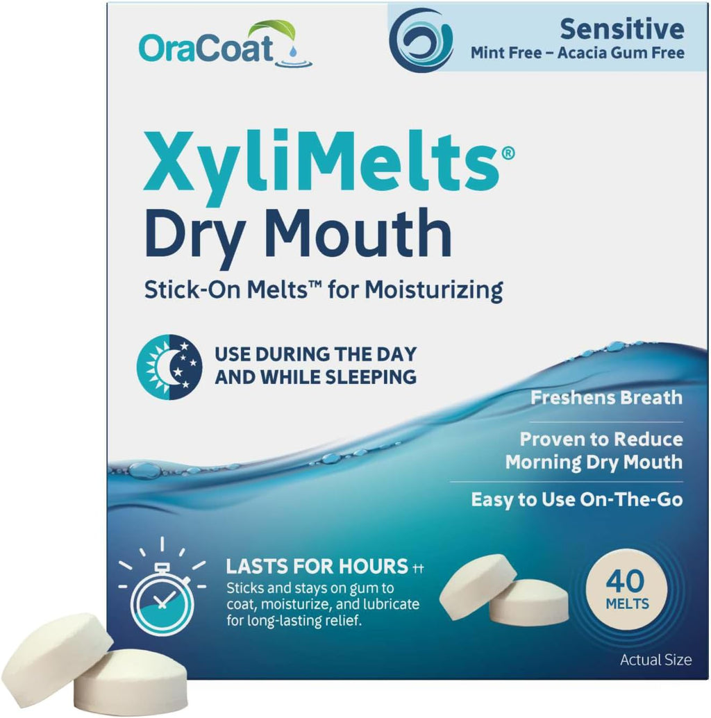OraCoat XyliMelts Dry Mouth Relief Stick-On-Melts for Sensitive Mouths, Mint-Free and Acacia Gum-Free with Xylitol, 40 Count, Non-Acidic, Day & Night User, Long Lasting 8-Hour Moisturizing Relief