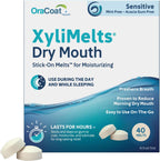 OraCoat XyliMelts Dry Mouth Relief Stick-On-Melts for Sensitive Mouths, Mint-Free and Acacia Gum-Free with Xylitol, 40 Count, Non-Acidic, Day & Night User, Long Lasting 8-Hour Moisturizing Relief