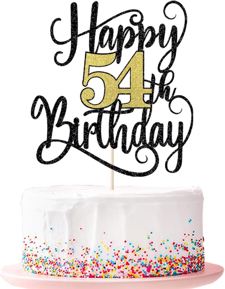 happy 54th birthday cake topper,54 birthday party cake decorations Black and gold flashes