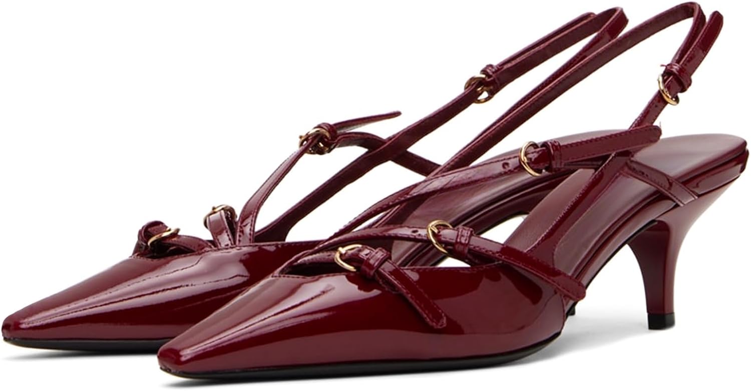 MICIFA Slingback Kitten Heels for Women Pointed Toe Stiletto Heels Slip On Pumps with Buckled Straps Dress Work Pumps Shoes