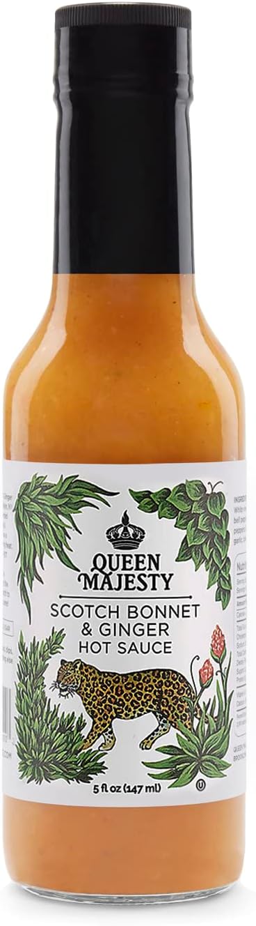 Queen Majesty Scotch Bonnet & Ginger Hot Sauce, 5 oz - All Natural Scotch Bonnet, Habanero, & Ginger Condiment - Vegan, Kosher, Gluten Free, non GMO, No Sugar, Award Winning & Featured on Hot Ones