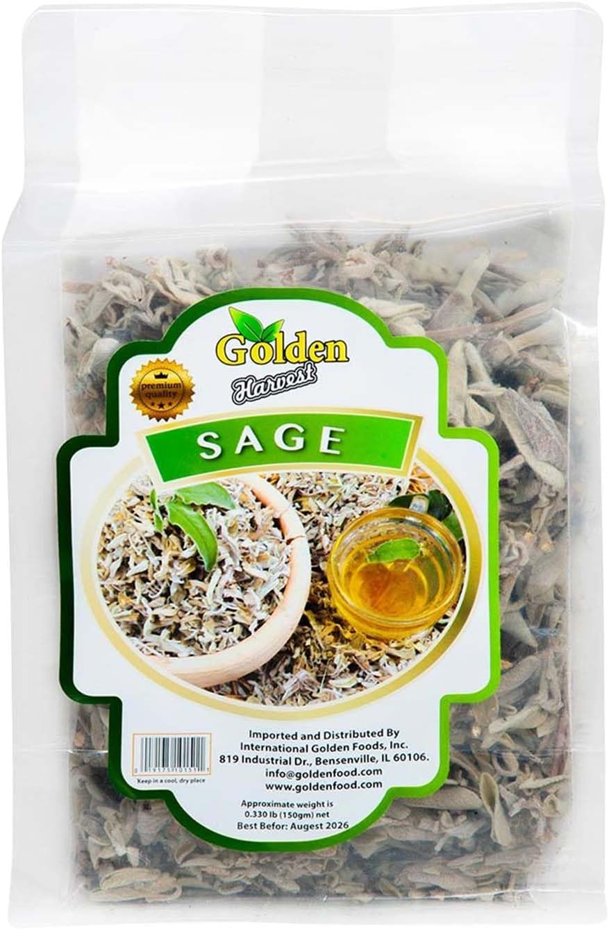 Golden Harvest Dried Sage Leaves 5.28 oz (150 g) | Premium All-Natural Whole Leaf Sage for Cooking, Poultry, Stuffing & Soups | Restaurant & Home Kitchen Herb | Non-GMO & Gluten-Free