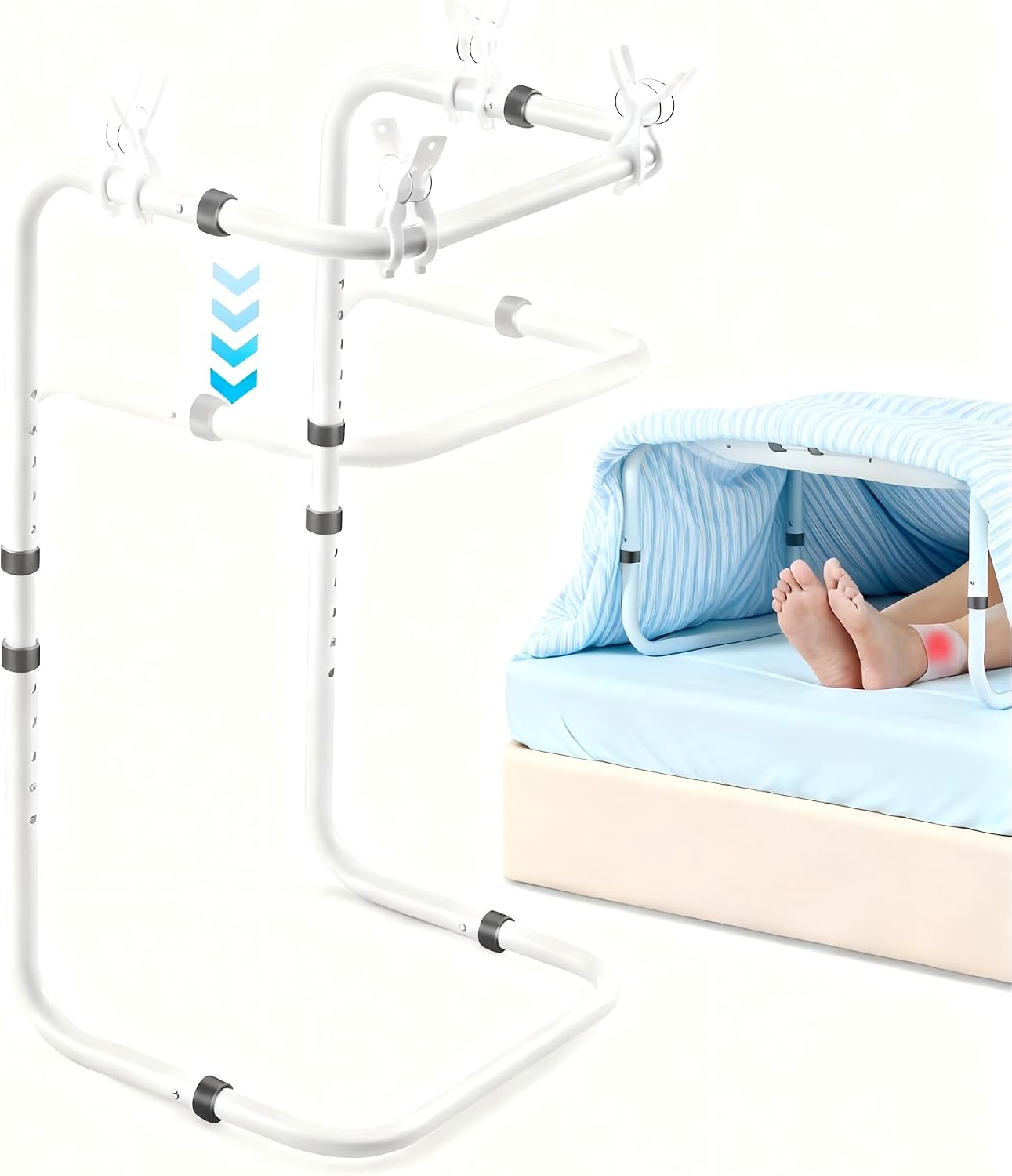 Adjustable Blanket Lifter for Feet with 4 Clips – Bed Cradle to Keep Blanket Off Your Legs, Universal Blanket Lifters for Foot of Bed, Height Adjustable Blanket Support Frame for Comfort & Recovery