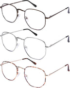 DOOViC 3 Pack Fashion Metal Frame Reading Glasses Blue Light Blocking Spring Hinge Computer Readers for Women Men 1.25