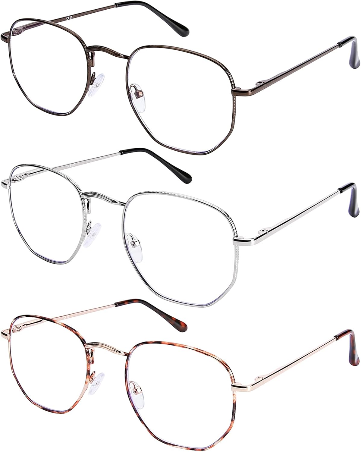 DOOViC 3 Pack Fashion Metal Frame Reading Glasses Blue Light Blocking Spring Hinge Computer Readers for Women Men 1.75 Strength