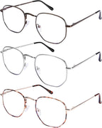 DOOViC 3 Pack Fashion Metal Frame Reading Glasses Blue Light Blocking Spring Hinge Computer Readers for Women Men 2.00 Strength