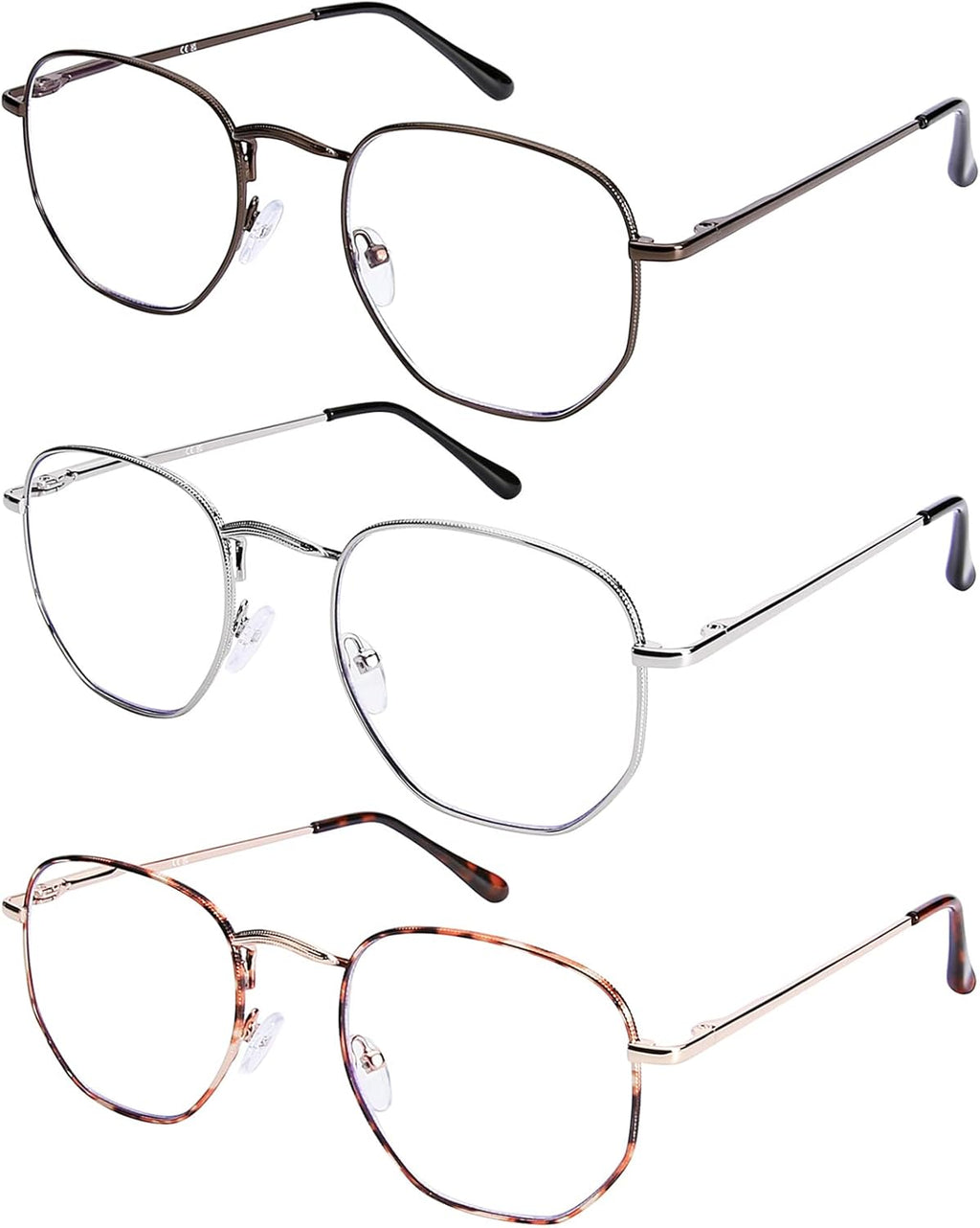 DOOViC 3 Pack Fashion Metal Frame Reading Glasses Blue Light Blocking Spring Hinge Computer Readers for Women Men 1.50