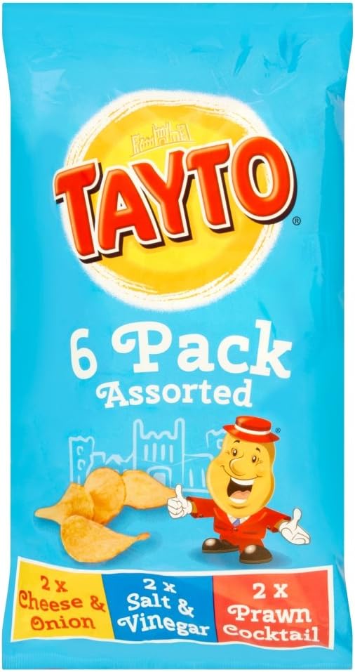 Tayto Irish Assorted Crisps - 6 Pack (6 X 25g Bags) - 2 Cheese & Onion, 2 Salt & Vinegar, 2 Prawn Cocktail