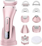 Electric Shavers for Women, 7 in 1 Hair Removal Kit with Epilator Bikini Trimmer Face Razor Body Brush Face Massager Foot Callus Remover, IPX7 Waterproof Lady Razors Set for Legs Armpit Bikini Pubic