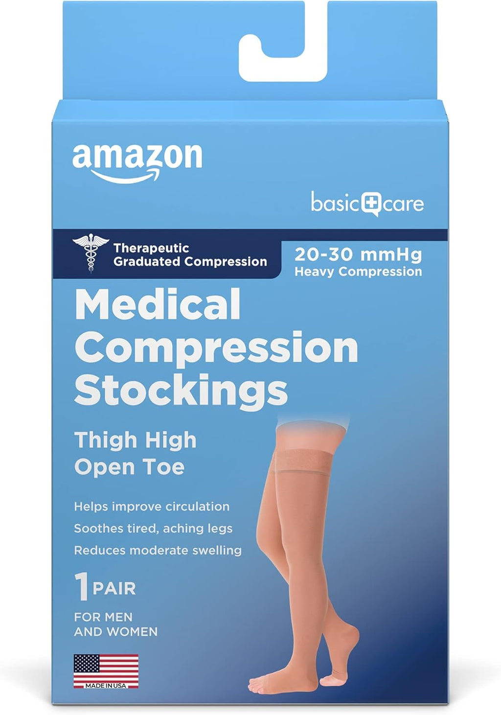 Amazon Basic Care Medical Compression Stockings for Circulation, Varicose Veins, Edema, Swelling, 20-30 mmHg Graduated Compression, Women & Men Thigh Length Hose, Open Toe, Beige, X-Large (Previously NuVein)