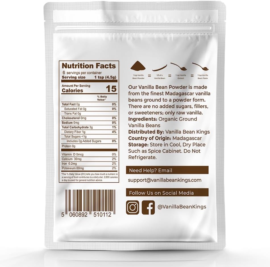 Vanilla Bean Powder - 100% Pure Ground Madagascar Vanilla Powder - For Cooking, Baking, & Additional Flavoring - Add To Coffee, Tea, Yogurt, & Shakes - Raw, Unsweetened, No Fillers or Additives - 1 oz