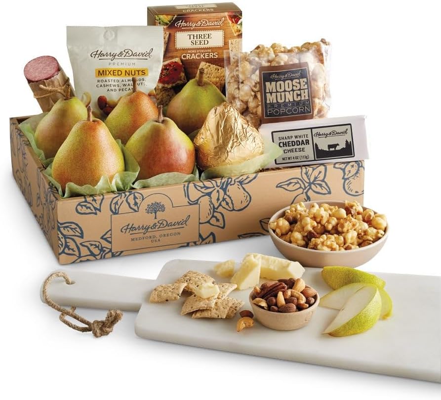 Harry & David Harry's Gift Basket, All Occasions, Birthday, Holiday, Corporate, Food Gift Basket With 6 Pears, Popcorn, Cheese, Mixed Nuts, Sausage & 3 Seed Crackers