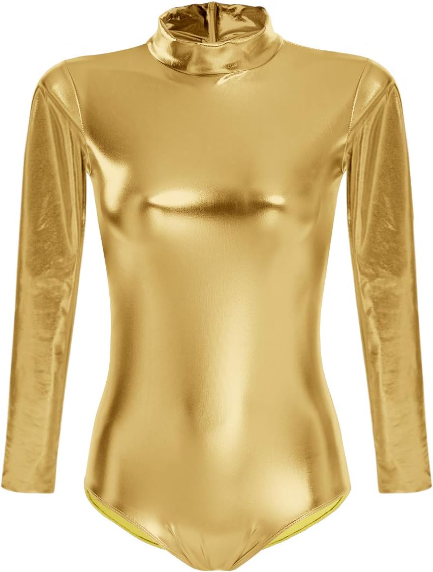 ABAFIP Women Metallic Liquid Shiny Long Sleeve Gymnastic Ballet Dance Leotard Bodysuit Faux Leather Stage Dancewear Costume
