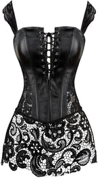Women's Punk Rock Faux Leather Dress Corsets Steampunk Bustier Lingeire Corset Skirt Plus Size Overbust Costume Set