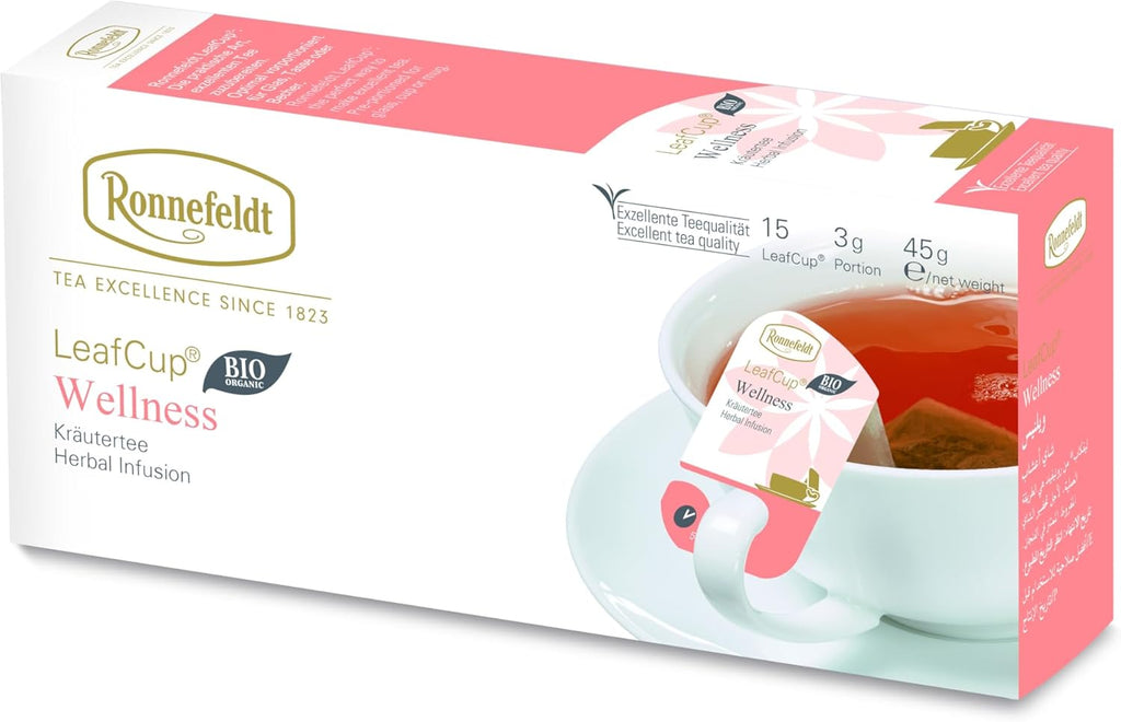 Ronnefeldt LeafCup Wellness - Herbal Infusion Tea Loose Leaf, 15 Individually Wrapped Tea Bags with Cardboard Tag to Hook on Cup, Caffeine Free South African Rooibos Tea with with Herbs