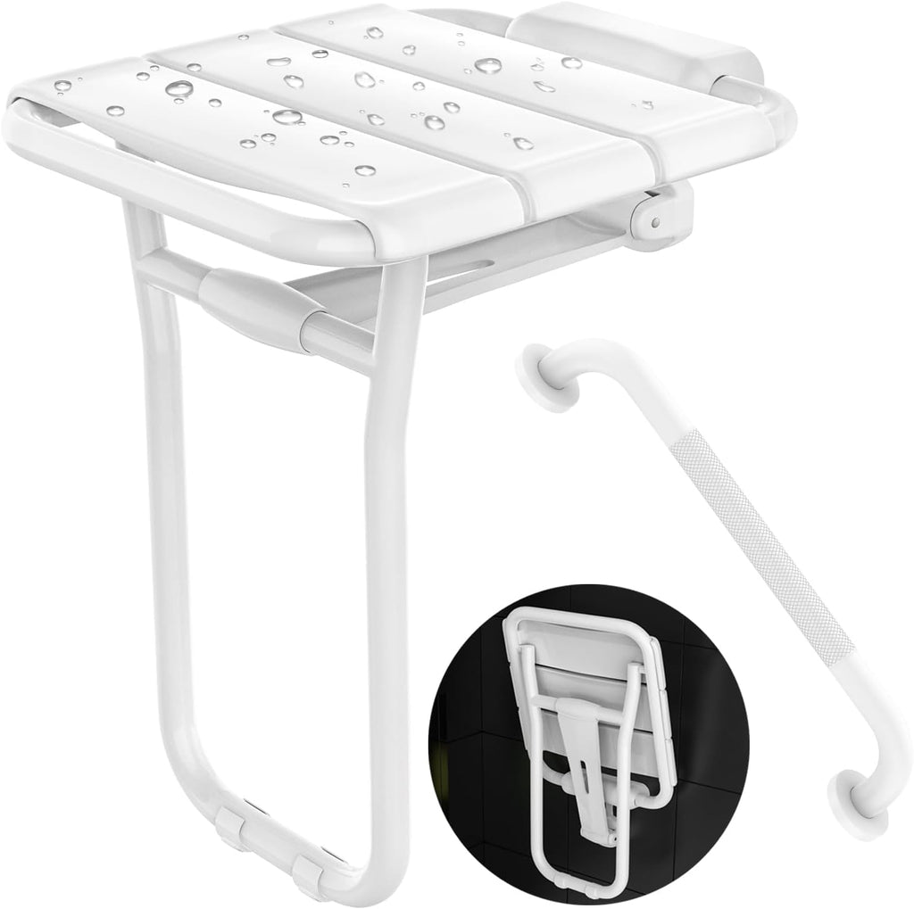 Folding Shower Seat Wall Mounted - 500 Lbs Capacity - 14x16'' Stainless Steel Shower Bench w/ 16'' Grab Bar for Inside Shower Bathtub, Heavy Duty Anti-Slip Fold Down Shower Chair for Elderly/Disabled