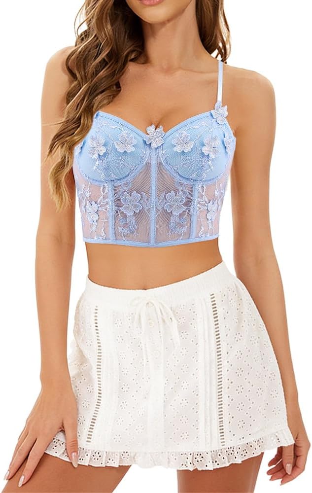 Testudineus Women Cute Flower Embroidery Corset Top Sheer Mesh Sexy Crop Top Party Rave Slim Sleeveless Tank Top