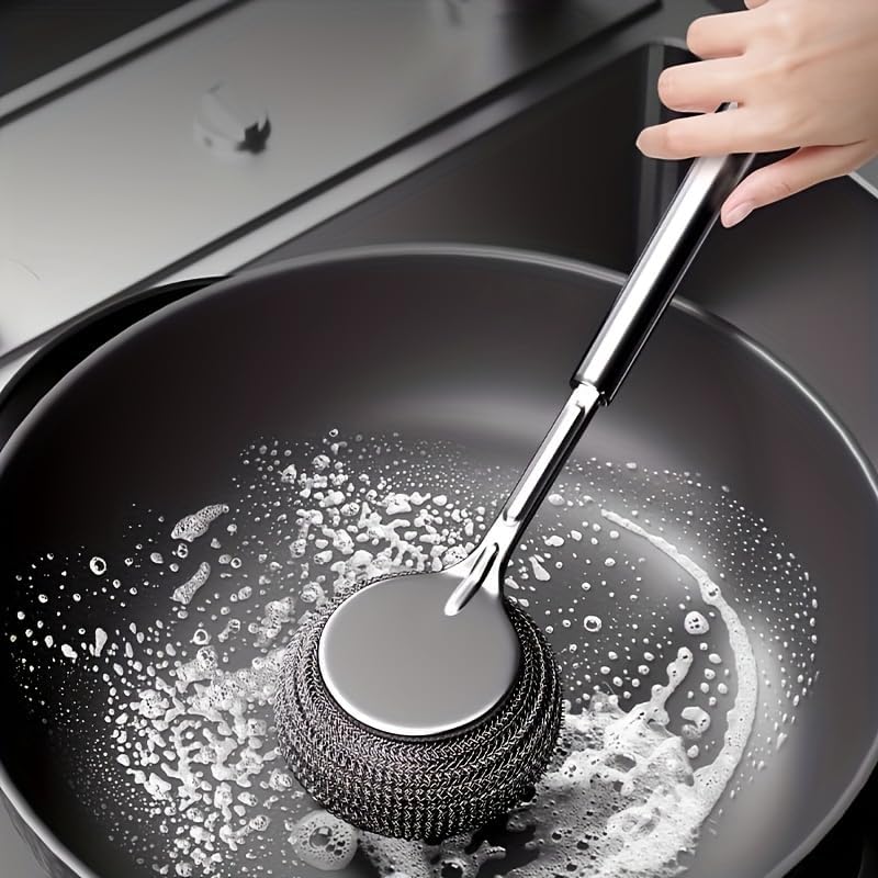 2 Pcs Stainless Steel Scrubber with Long Handle, Metal Steel Wool Pot Brush for Kitchen Sink, Heavy Duty Dish Wand Scrubber for Cast Iron Skillet Pan