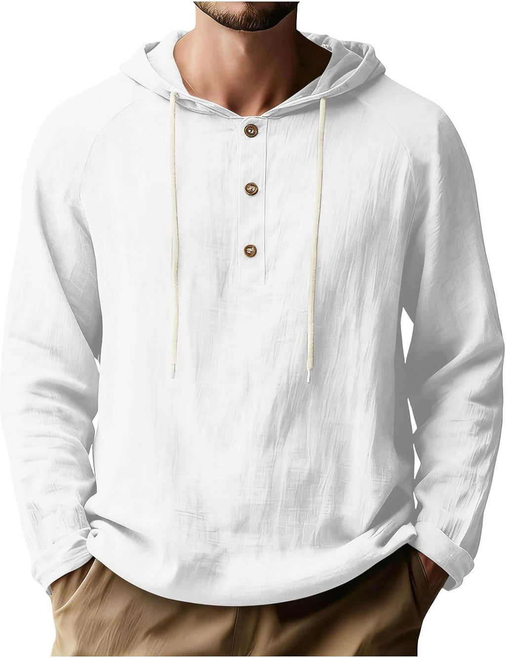 Mens Linen Shirts Long Sleeve Henley Casual Lightweight Cotton Hoodie Top Summer Fashion Loose Beach Vacation Clothes