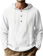 Mens Linen Shirts Long Sleeve Henley Casual Lightweight Cotton Hoodie Top Summer Fashion Loose Beach Vacation Clothes