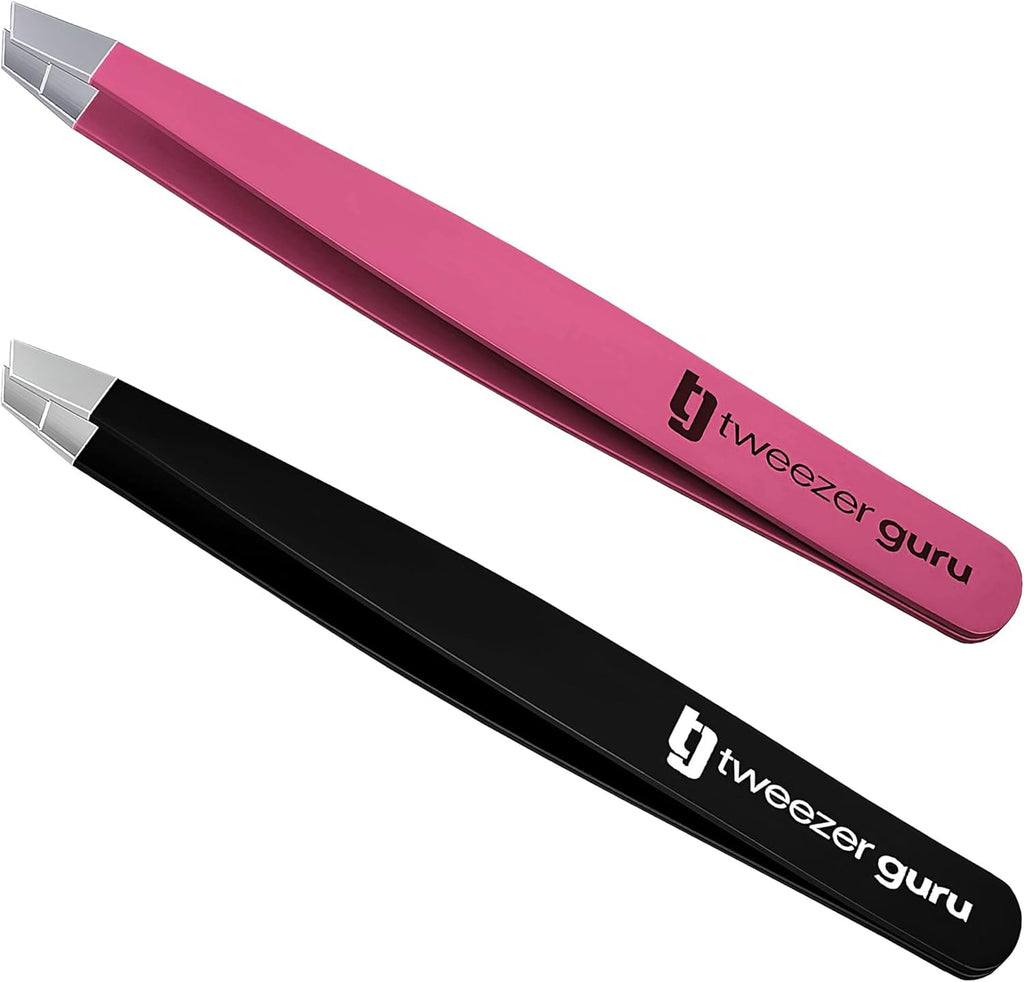 2-Pack Slant Tip Stainless Steel Tweezers for Eyebrows - Professional Precision Tweezing for Facial Hair