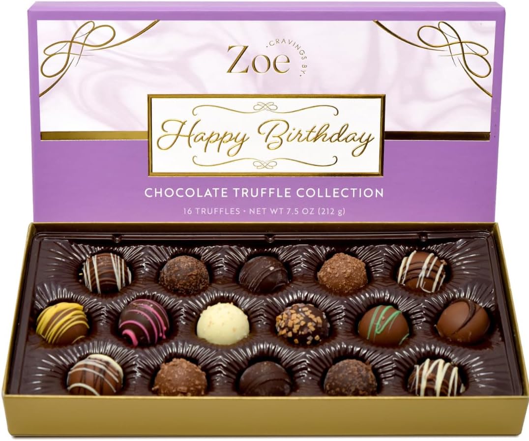 CRAVINGS BY ZOE Happy Birthday Chocolate Truffles Gift Box | 16 Count | Assorted Gourmet Milk & Dark Chocolate Candy Food Gift Basket | Birthday Gifts for Women & Men Mom Dad Kid Him Her Adult Family