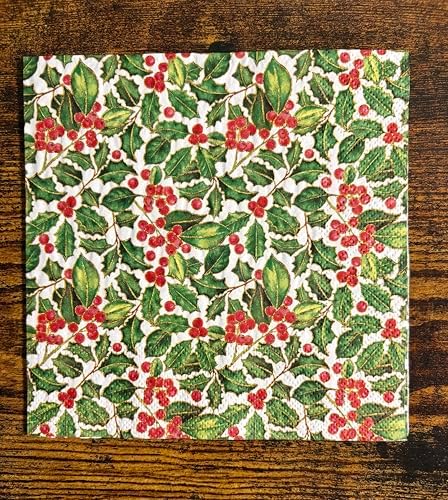 IHR Ideal Home Range Cocktail Napkins Disposable 3-Ply Paper Party Napkin Pack, 5" x 5", Holly, 20-Count