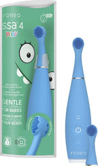 FOREO ISSA 4 Baby – Silicone Sonic Electric Toothbrush Bundle for Babies, 2-Sided Bristles, Fun Smile Feature, Gum Massage, 12 Months of Care with Extra Brush Head, Travel-Friendly - Bubble Blue