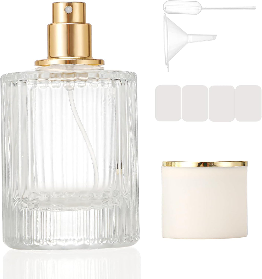 1 Pack Empty Perfume Spray Bottles, 50ML Ribbed Glass Atomizer Spray Bottle for Men and Women, Travel Refillable Perfume Atomizer for Sample Dispenser and Home Decor, White Cap