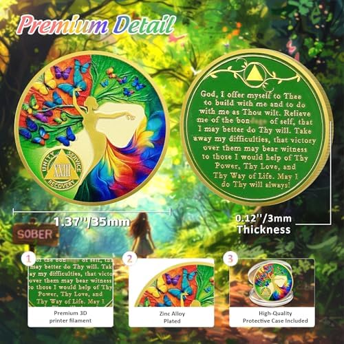 Artsy 23 Year Sobriety Coin - Colorful Butterfly Tree of Life AA Coins - Recovery Addiction NA AA Chips and Medallions - 1-30 Years Clean Narcotics Alcoholics Anonymous Gifts for Women Men