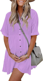 PYGFEMR Women's Short Sleeve Babydoll Dress Button Down Dresses with Pockets