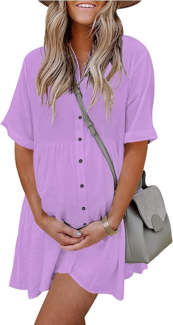 PYGFEMR Women's Short Sleeve Babydoll Dress Button Down Dresses with Pockets