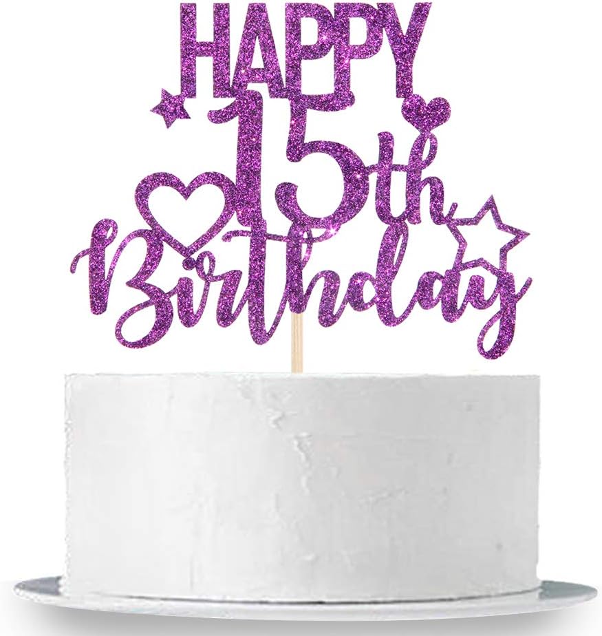 INNORU Purple Glitter Happy 15th Birthday Cake Topper for Cheers to 15 Years - Teenager Children's Birthday Party Cake Decorations