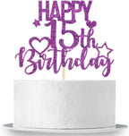 INNORU Purple Glitter Happy 15th Birthday Cake Topper for Cheers to 15 Years - Teenager Children's Birthday Party Cake Decorations