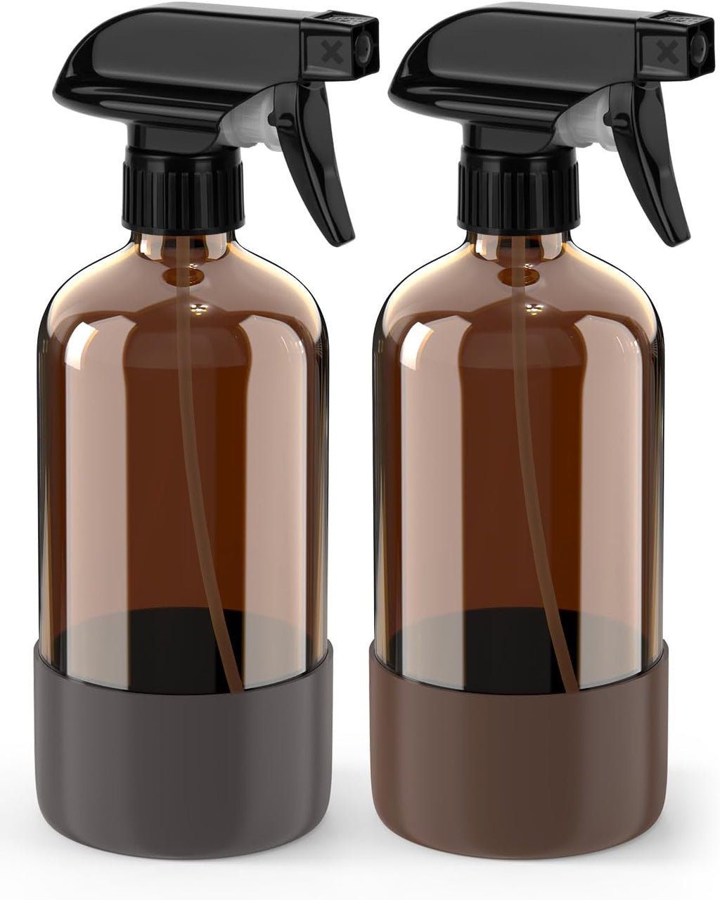 Glass Spray Bottle with Silicone Sleeve Protection, Amber Glass Spray Bottle Set for Window Cleaner Aromatherapy Facial Hydration Watering Flowers Hair Care 2 Pack/16 oz (Brown & Grey, 16 oz)